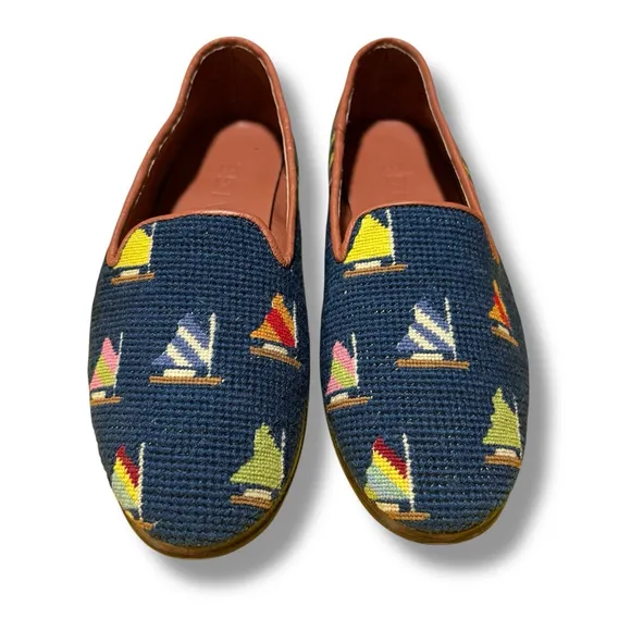 By Paige Needlepoint Loafers Blue Sailboats Sailor Nautical Preppy 7.5