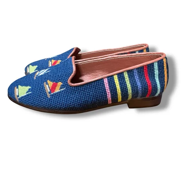 By Paige Needlepoint Loafers Blue Sailboats Sailor Nautical Preppy 7.5