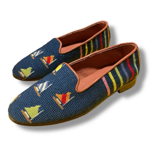 By Paige Needlepoint Loafers Blue Sailboats Sailor Nautical Preppy 7.5