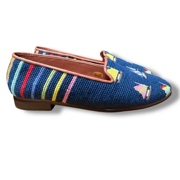 By Paige Needlepoint Loafers Blue Sailboats Sailor Nautical Preppy 7.5