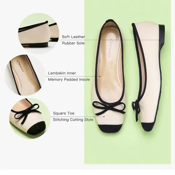 C Paravano Beige Black Flats Leather Ballerina flats Size 6.5