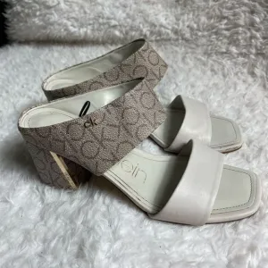Calvin Klein Henna faux leather beige &amp; Brown logo strap  heels sandals  SZ8.5
