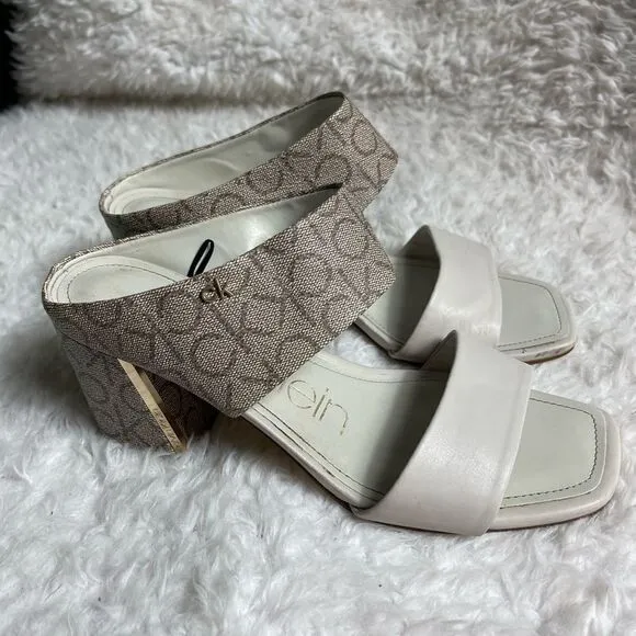 Calvin Klein Henna faux leather beige &amp; Brown logo strap  heels sandals  SZ8.5