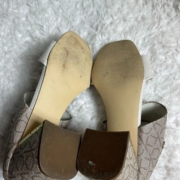 Calvin Klein Henna faux leather beige &amp; Brown logo strap  heels sandals  SZ8.5