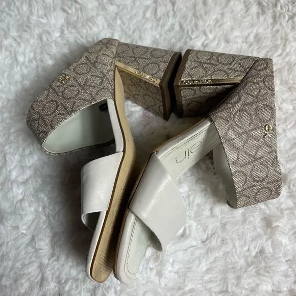 Calvin Klein Henna faux leather beige &amp; Brown logo strap  heels sandals  SZ8.5