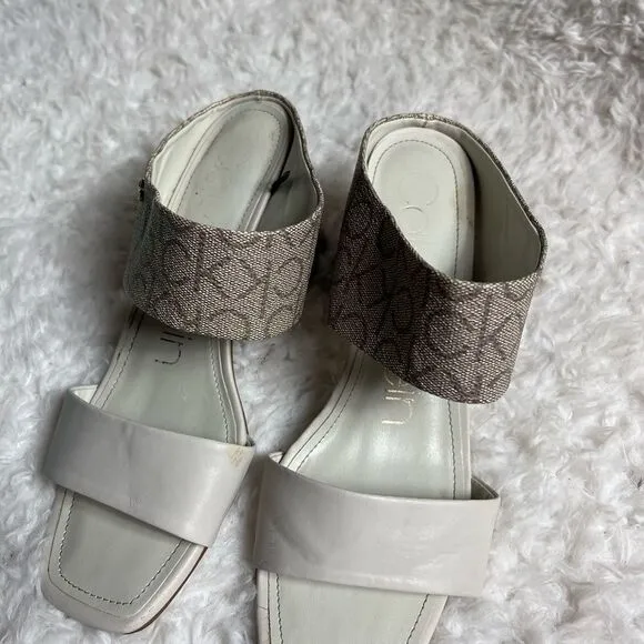 Calvin Klein Henna faux leather beige &amp; Brown logo strap  heels sandals  SZ8.5