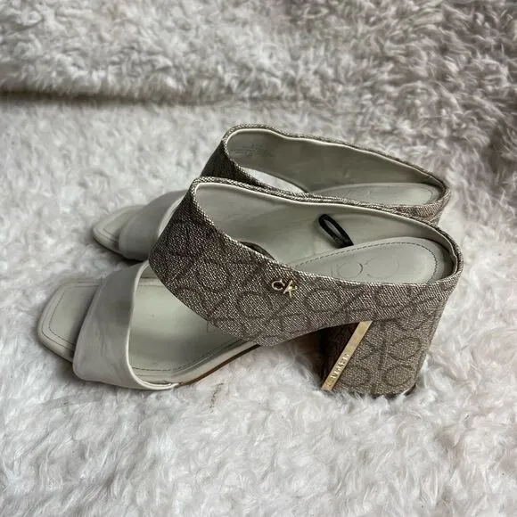 Calvin Klein Henna faux leather beige &amp; Brown logo strap  heels sandals  SZ8.5