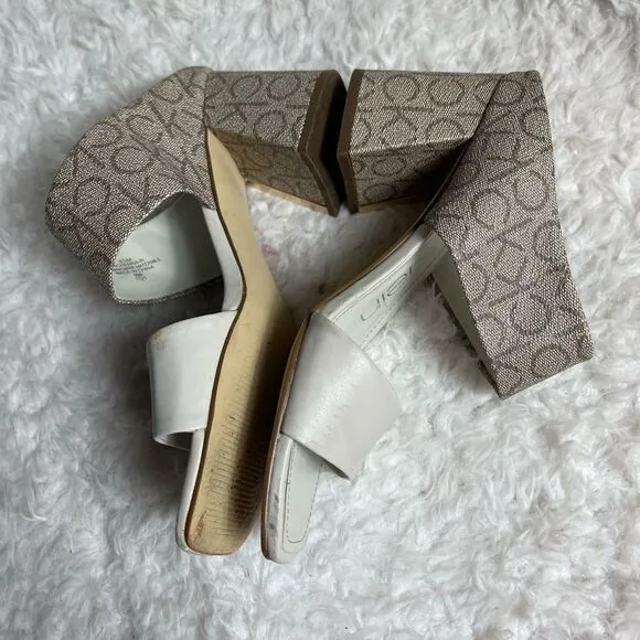 Calvin Klein Henna faux leather beige &amp; Brown logo strap  heels sandals  SZ8.5