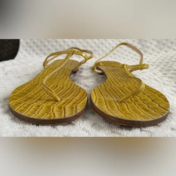Casadei 8035 T-Strap Slingback Flat Sandals Cedro Yellow Embossed Leather 6.5
