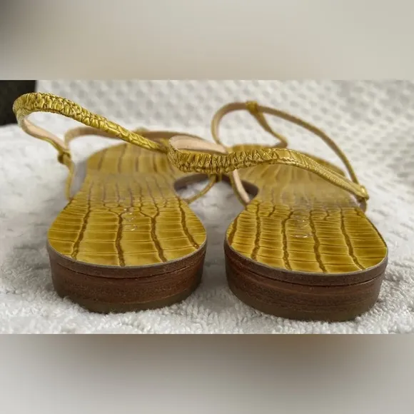 Casadei 8035 T-Strap Slingback Flat Sandals Cedro Yellow Embossed Leather 6.5