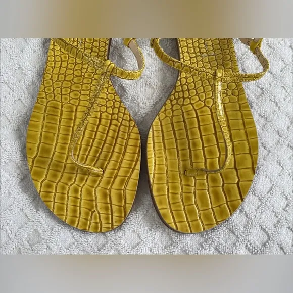 Casadei 8035 T-Strap Slingback Flat Sandals Cedro Yellow Embossed Leather 6.5