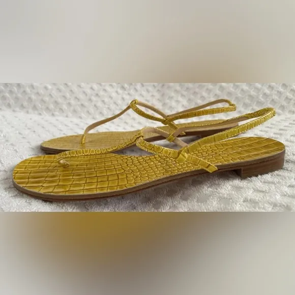 Casadei 8035 T-Strap Slingback Flat Sandals Cedro Yellow Embossed Leather 6.5