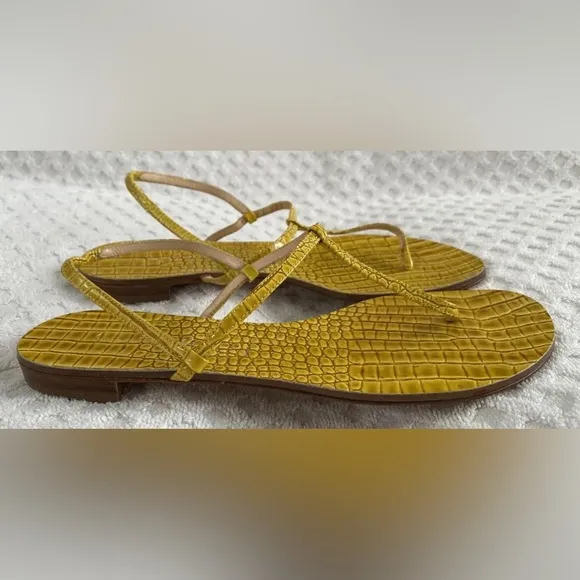 Casadei 8035 T-Strap Slingback Flat Sandals Cedro Yellow Embossed Leather 6.5