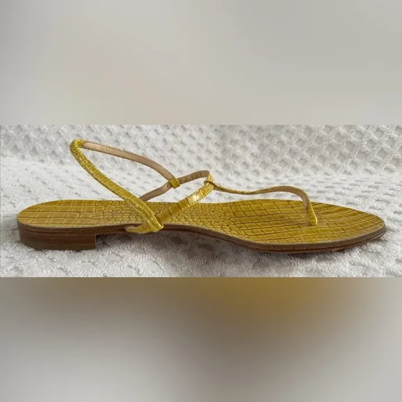 Casadei 8035 T-Strap Slingback Flat Sandals Cedro Yellow Embossed Leather 6.5