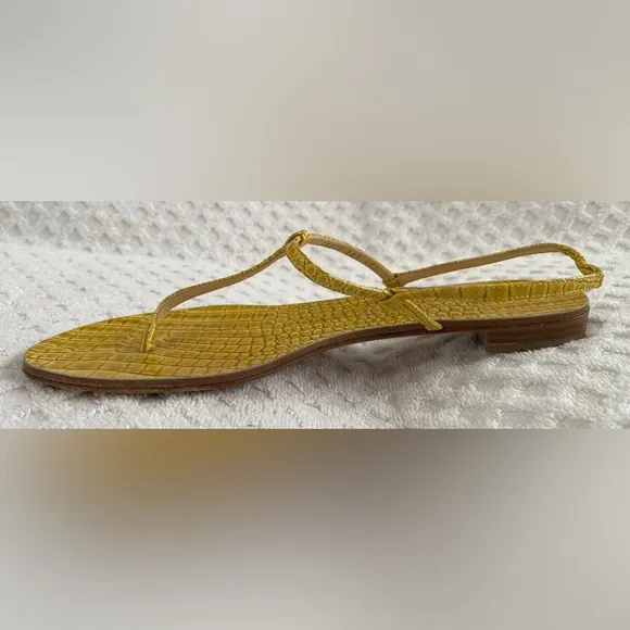 Casadei 8035 T-Strap Slingback Flat Sandals Cedro Yellow Embossed Leather 6.5