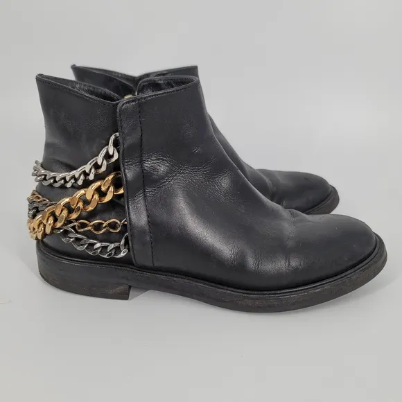 Casadei Chain Embellished Black Chelsea Ankle Boot Size 8.5
