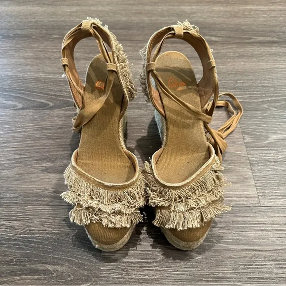 Castaner Canvas Fringe Trim Accent Wedges Espadrille in Tan Color sz EU38/US 7.5