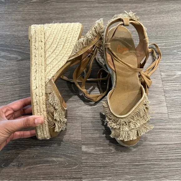 Castaner Canvas Fringe Trim Accent Wedges Espadrille in Tan Color sz EU38/US 7.5