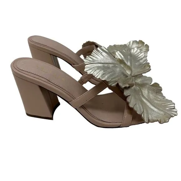 Cecelia New York Gold Beige Hibiscus II Slip On Sandals Heels