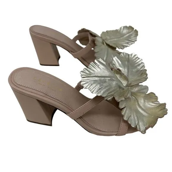 Cecelia New York Gold Beige Hibiscus II Slip On Sandals Heels