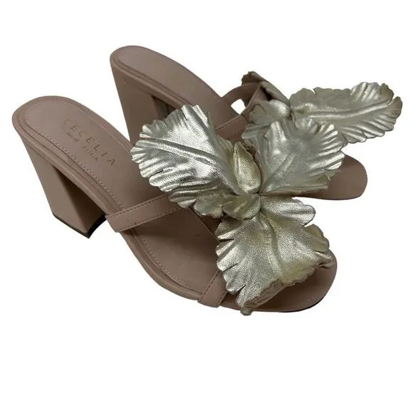 Cecelia New York Gold Beige Hibiscus II Slip On Sandals Heels