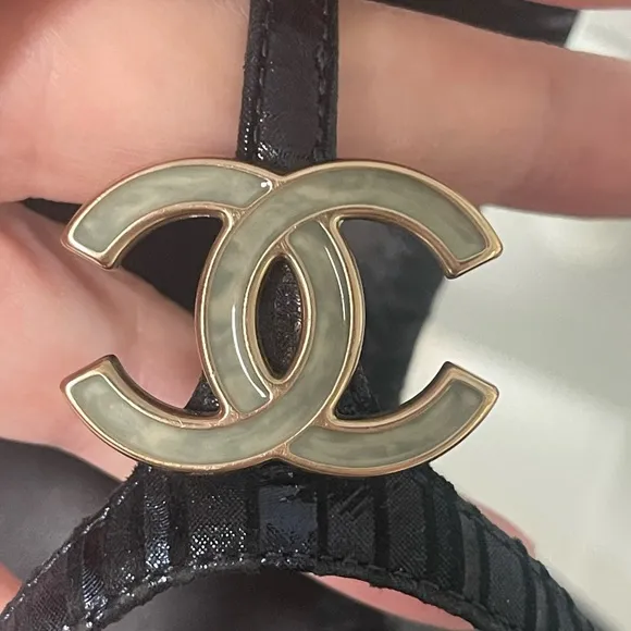 CHANEL CC Logo Black ThongAnkle Strap Sandals   Size 40