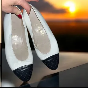 Chanel Vintage Two Tone Flats White Navy Cap Toe
