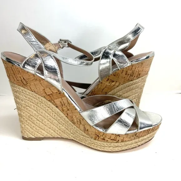 Charles David Metallic Silver Strappy Wedge Sandals Size 10M