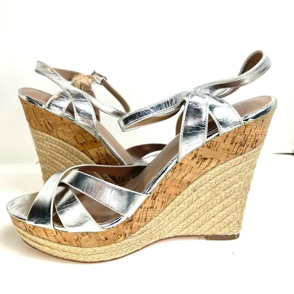 Charles David Metallic Silver Strappy Wedge Sandals Size 10M