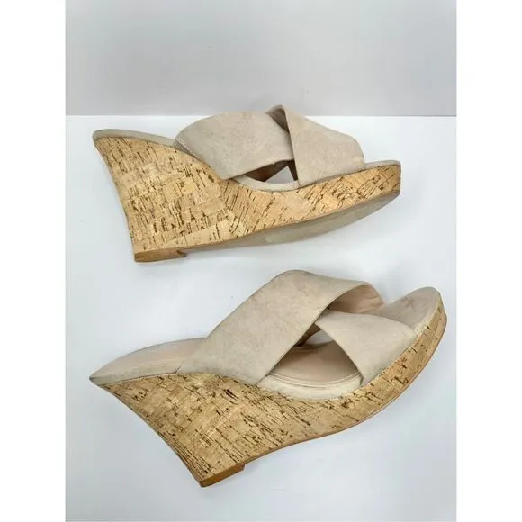Charles David Wedge Sandals Womens Size 12 Tan Crisscross Slip On Heels