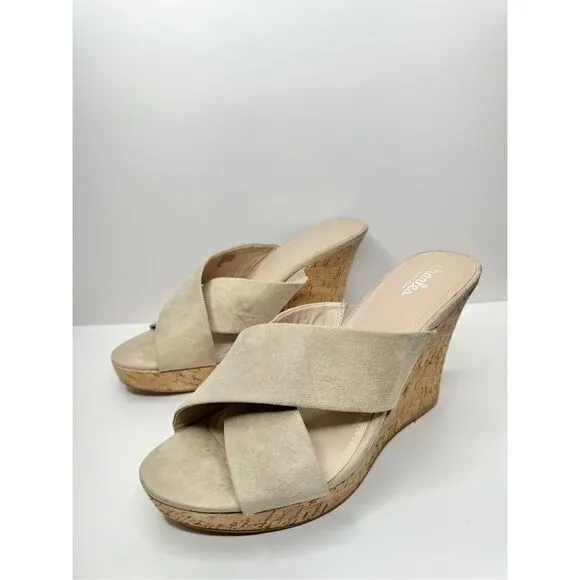 Charles David Wedge Sandals Womens Size 12 Tan Crisscross Slip On Heels