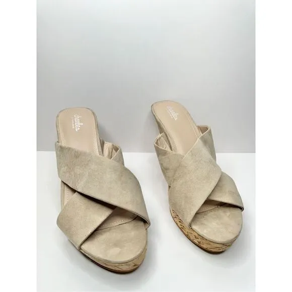 Charles David Wedge Sandals Womens Size 12 Tan Crisscross Slip On Heels