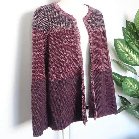 Chico's Knit Purple Marled Fringe Open Front Long Sleeve Cardigan XL