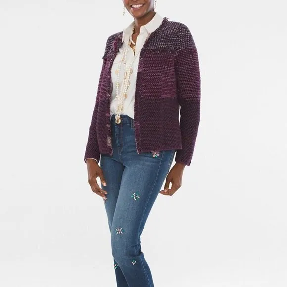 Chico's Knit Purple Marled Fringe Open Front Long Sleeve Cardigan XL