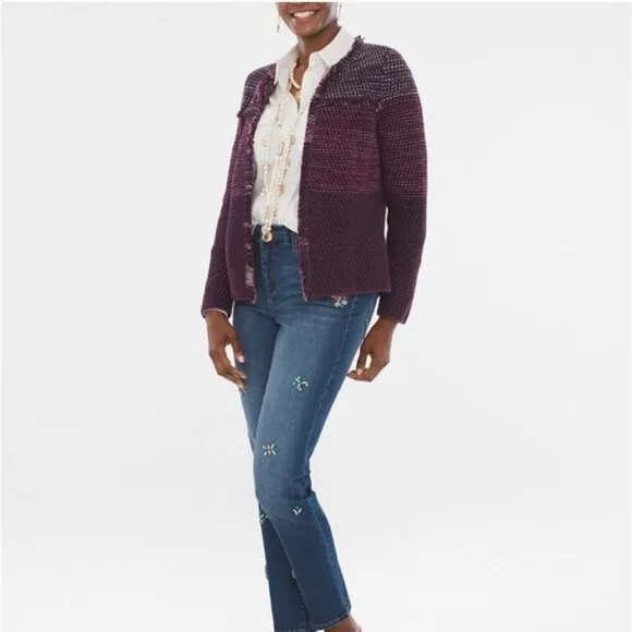 Chico's Knit Purple Marled Fringe Open Front Long Sleeve Cardigan XL