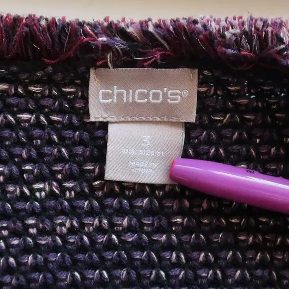 Chico's Knit Purple Marled Fringe Open Front Long Sleeve Cardigan XL
