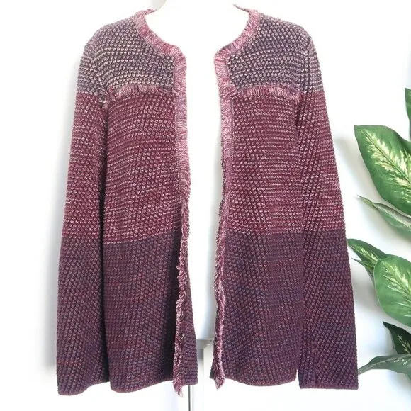 Chico's Knit Purple Marled Fringe Open Front Long Sleeve Cardigan XL