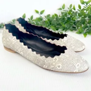 Chloé Embossed Lizard Scalloped Ballerina Leather Ballet Flats Grey 9.5