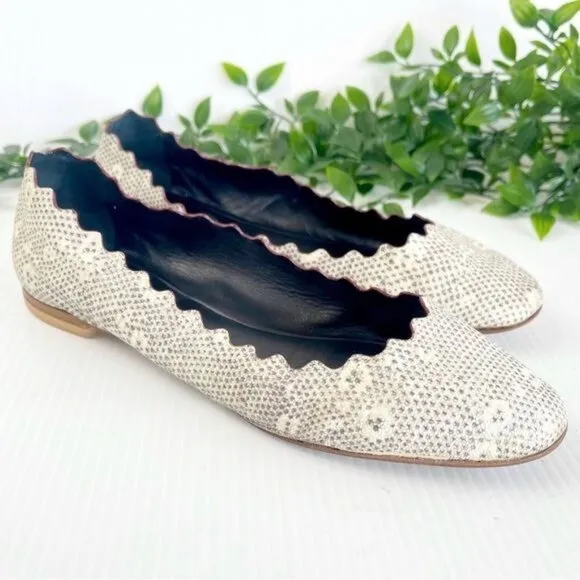 Chloé Embossed Lizard Scalloped Ballerina Leather Ballet Flats Grey 9.5