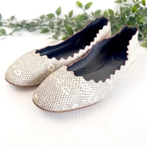 Chloé Embossed Lizard Scalloped Ballerina Leather Ballet Flats Grey 9.5
