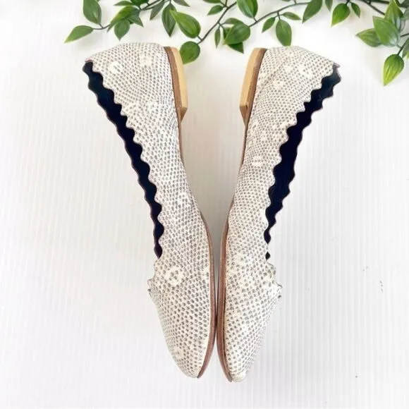 Chloé Embossed Lizard Scalloped Ballerina Leather Ballet Flats Grey 9.5
