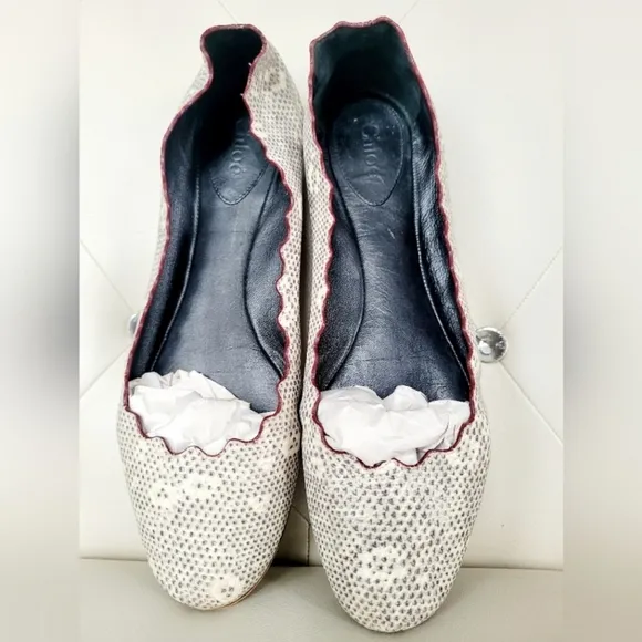 Chloe 100%Auth WomenScalloped Snakeskin Ballet Flats Genuine Leather Gray US 8.5