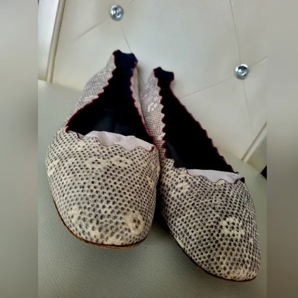 Chloe 100%Auth WomenScalloped Snakeskin Ballet Flats Genuine Leather Gray US 8.5