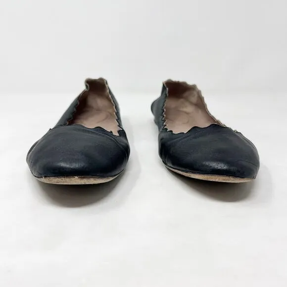 [Chloe] Black Lauren Scalloped Round Toe Calfskin Leather Ballet Flats 41 US 10