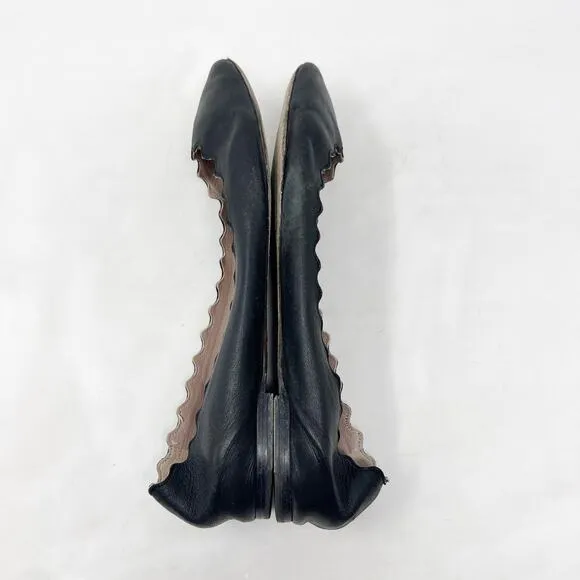 [Chloe] Black Lauren Scalloped Round Toe Calfskin Leather Ballet Flats 41 US 10