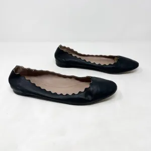 [Chloe] Black Lauren Scalloped Round Toe Calfskin Leather Ballet Flats 41 US 10