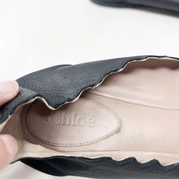 [Chloe] Black Lauren Scalloped Round Toe Calfskin Leather Ballet Flats 41 US 10