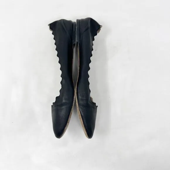 [Chloe] Black Lauren Scalloped Round Toe Calfskin Leather Ballet Flats 41 US 10