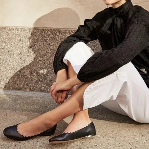 [Chloe] Black Lauren Scalloped Round Toe Calfskin Leather Ballet Flats 41 US 10