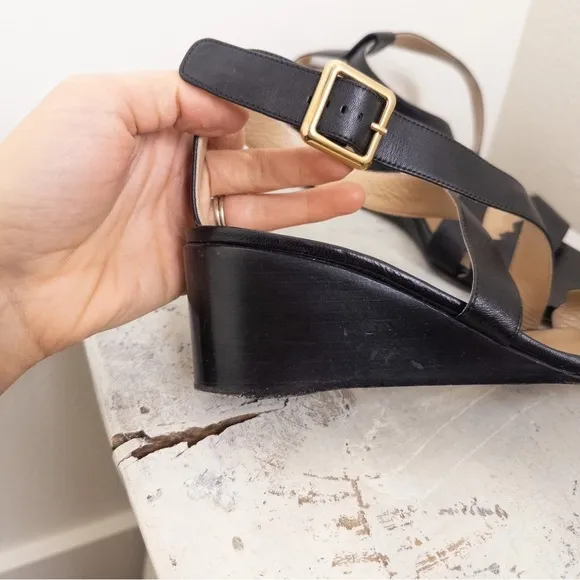 Chloe black leather scalloped strap wedge sandals size 37.5